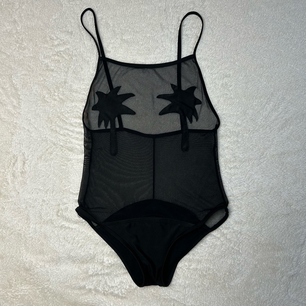 Sheer Palm Tree Bodysuit in Black